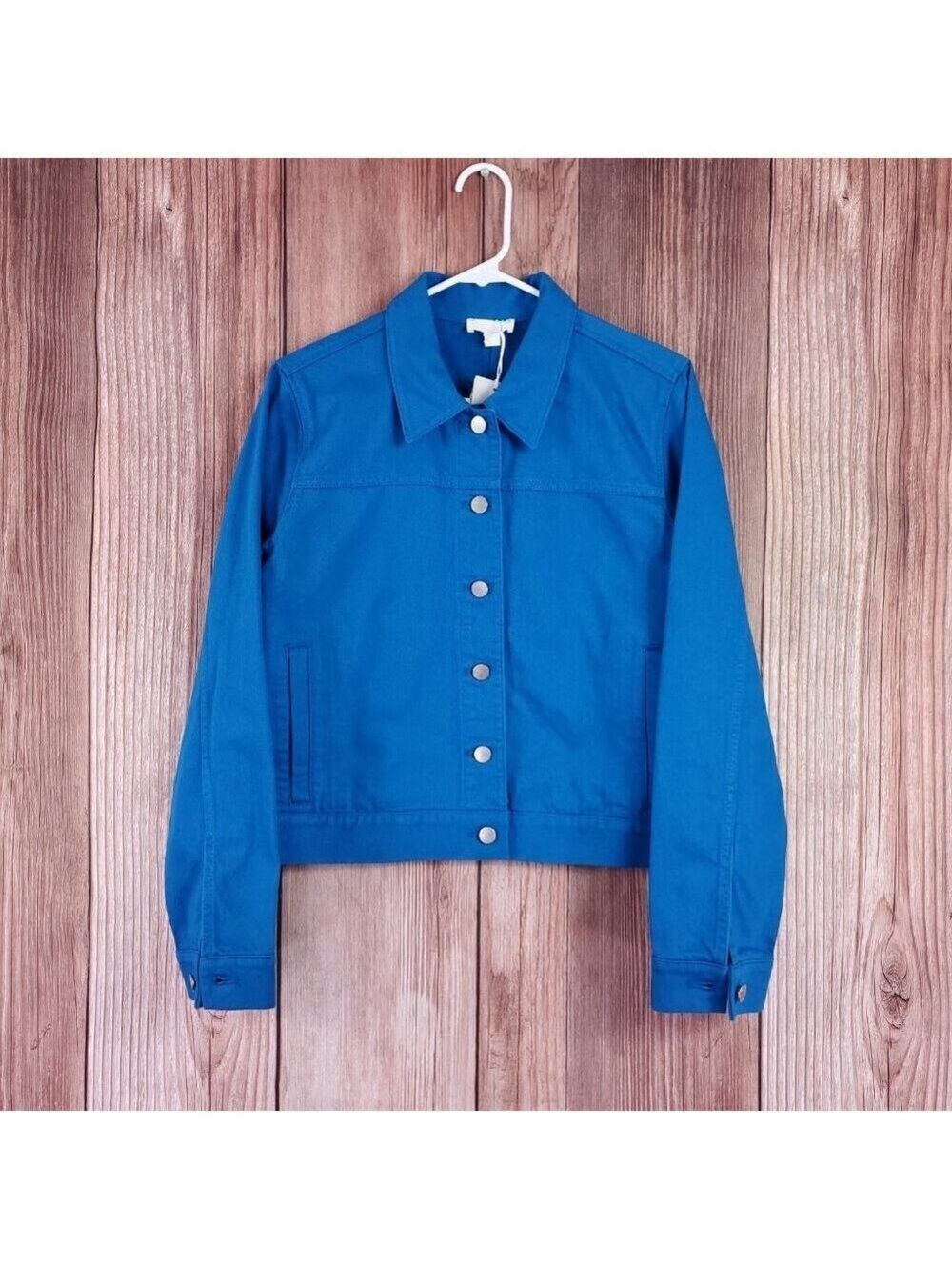 NWT COS Cropped Denim Jacket Womens Size EUR 42 Blue Silver Buttons Cotton
